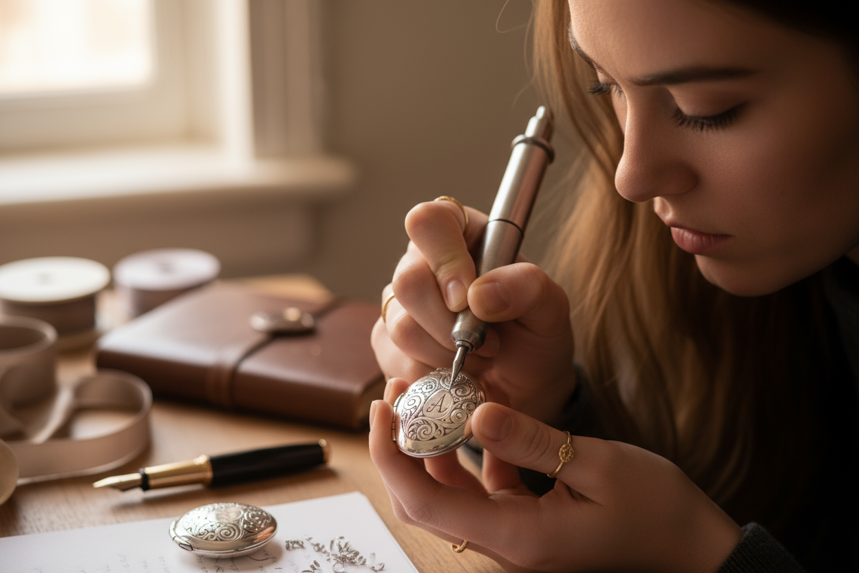 girl customizing whith cutomizer engraving pen on beautiful article without lead look like originle