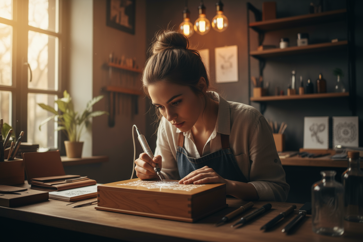the girl creating on any beautiful product with costumier engraving pen