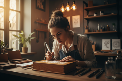 the girl creating on any beautiful product with costumier engraving pen